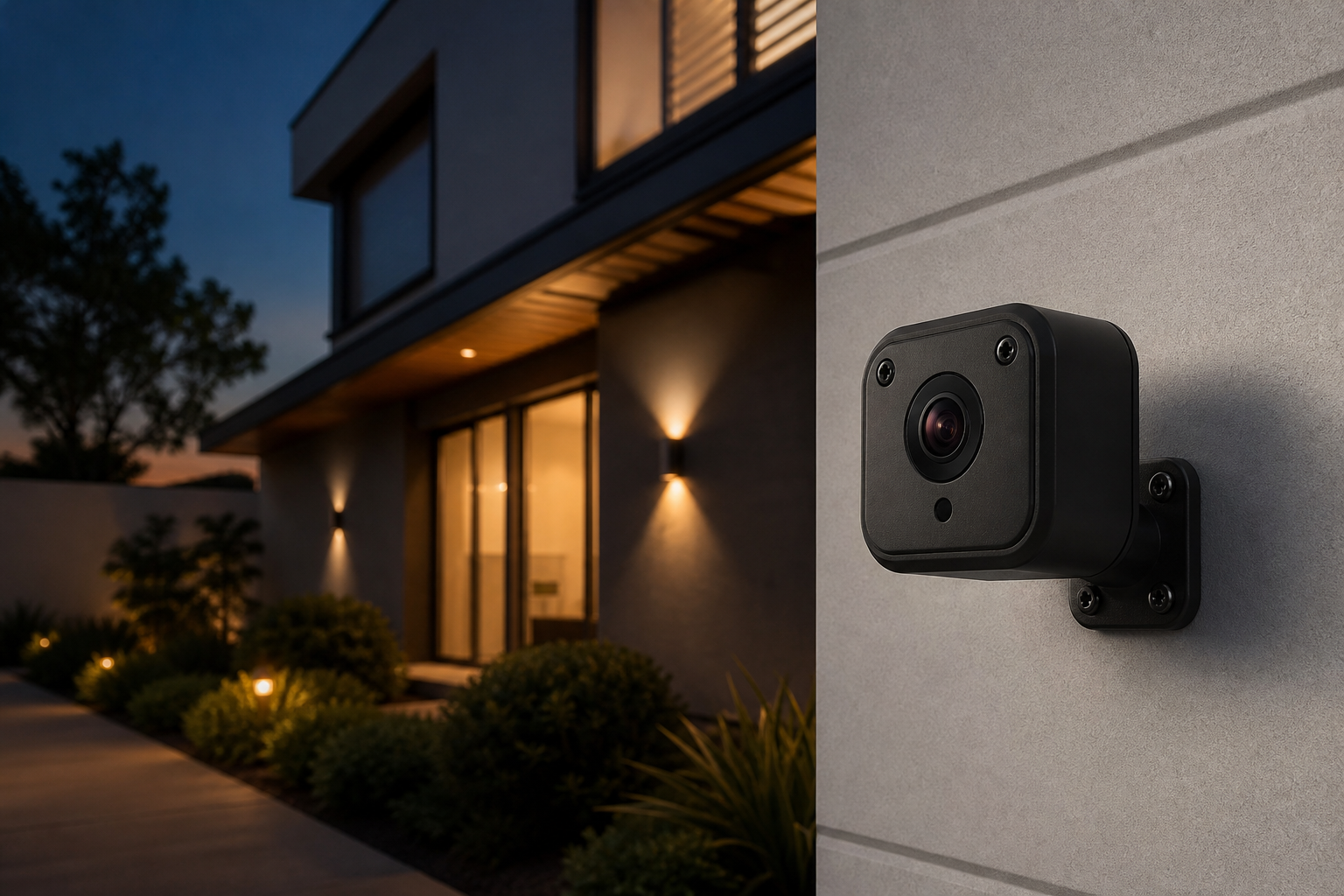 Compact infrared camera mounted outside a modern home at dusk